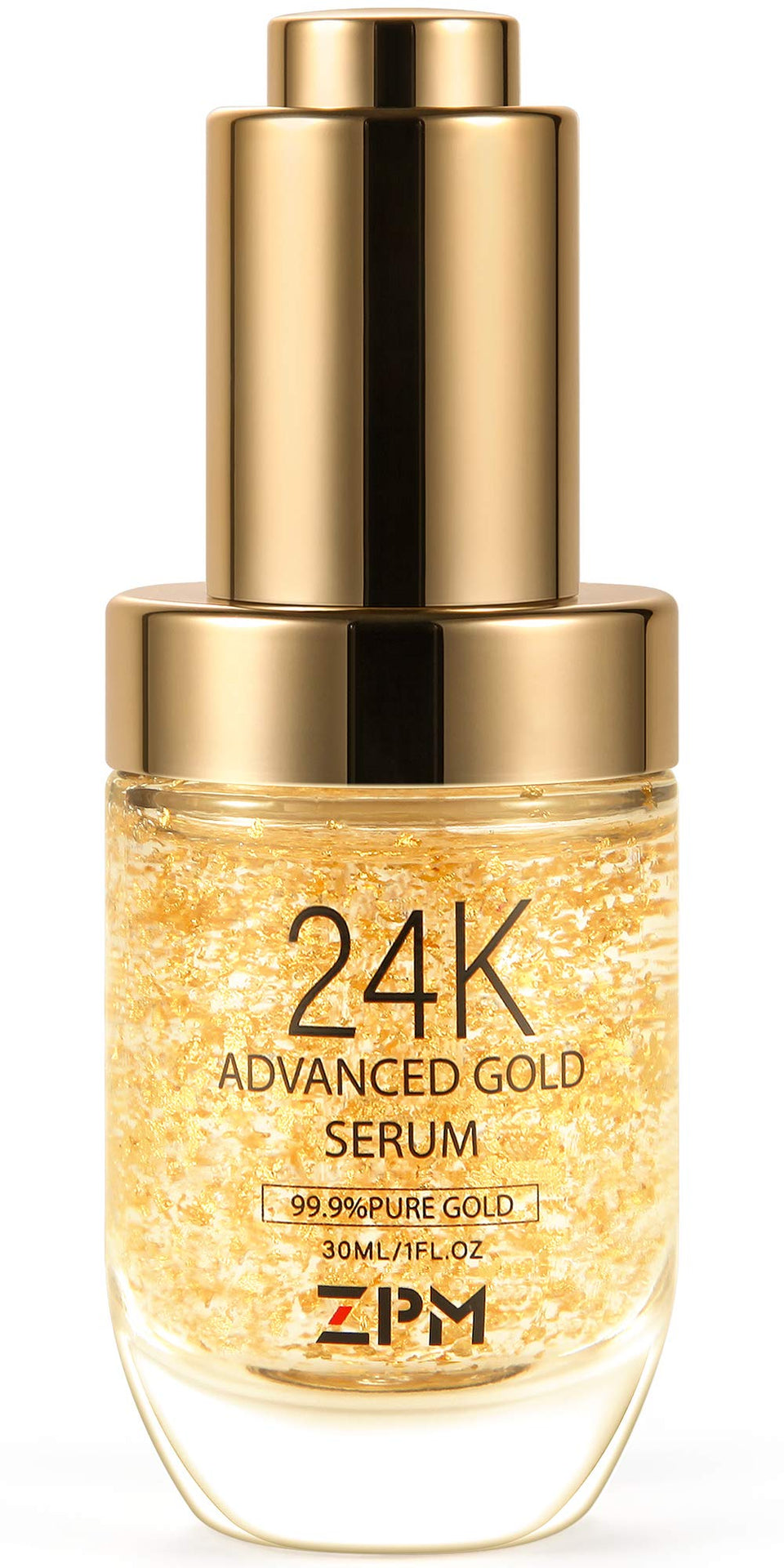 ZPM 24K Gold Serum bottle close-up highlighting rich hydration for radiant skin.