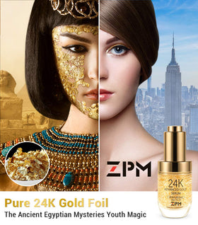 ZPM 24K Gold Serum with gold foil detail suggesting premium revitalization for all skin types.