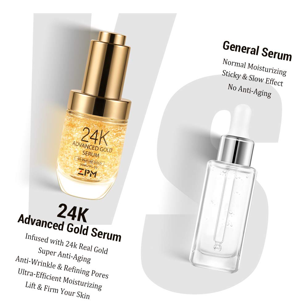ZPM 24K Gold Serum on skin swatch displaying glow and smooth absorption.