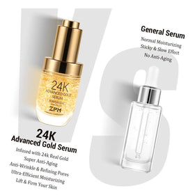 ZPM 24K Gold Serum on skin swatch displaying glow and smooth absorption.