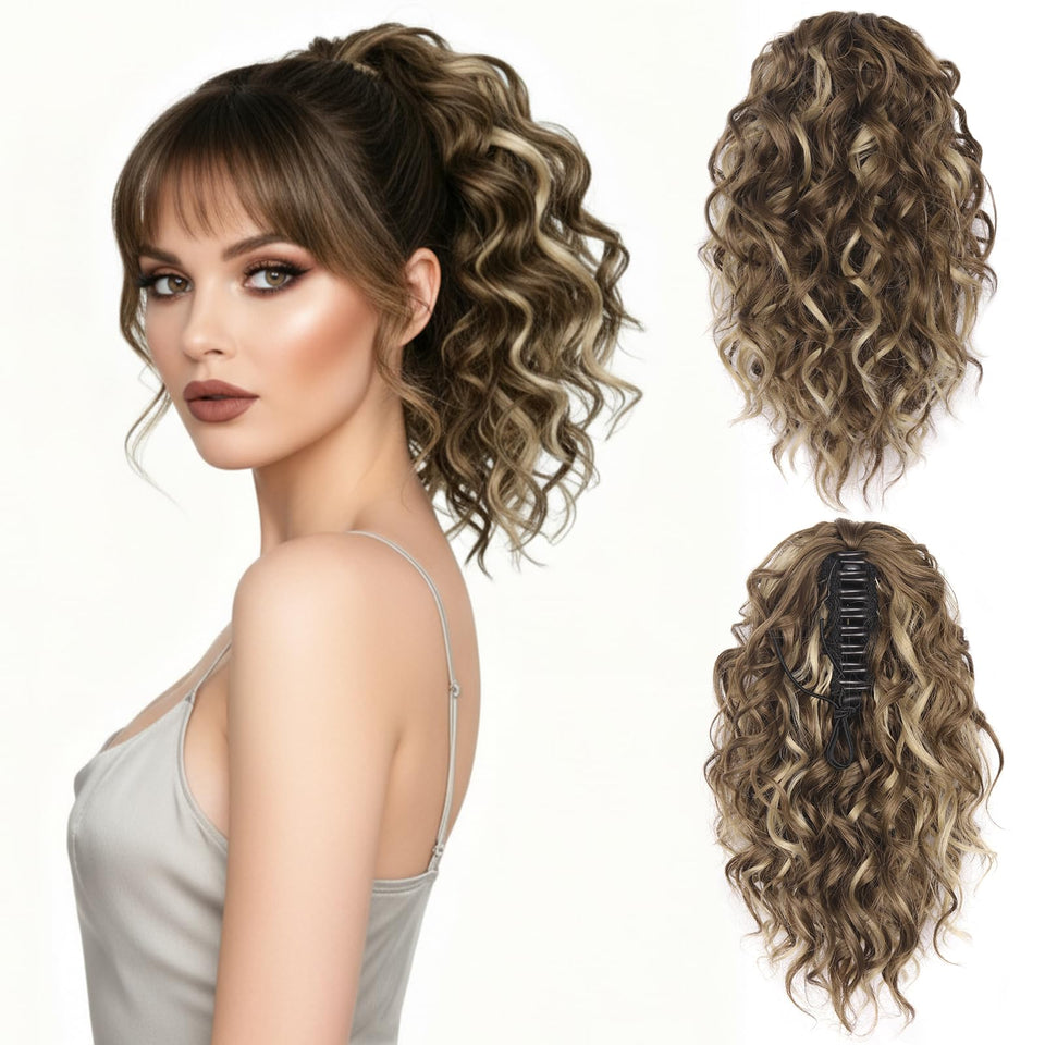 ZQIAN BEAUTY 12-inch ash brown with beige blonde highlights ponytail extension for instant fullness