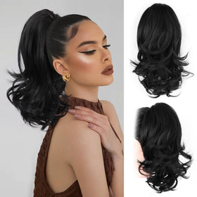 ZQIAN BEAUTY 14in black ponytail close-up with soft fibers for a natural look.