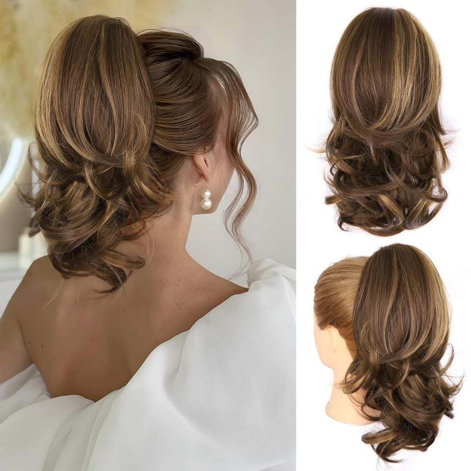 ZQIAN BEAUTY 14-inch ponytail clip-in in chestnut brown adds instant volume.