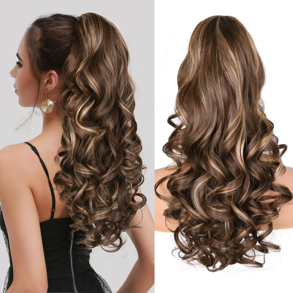 ZQIAN BEAUTY 24in ponytail in chestnut brown with golden highlights for instant volume