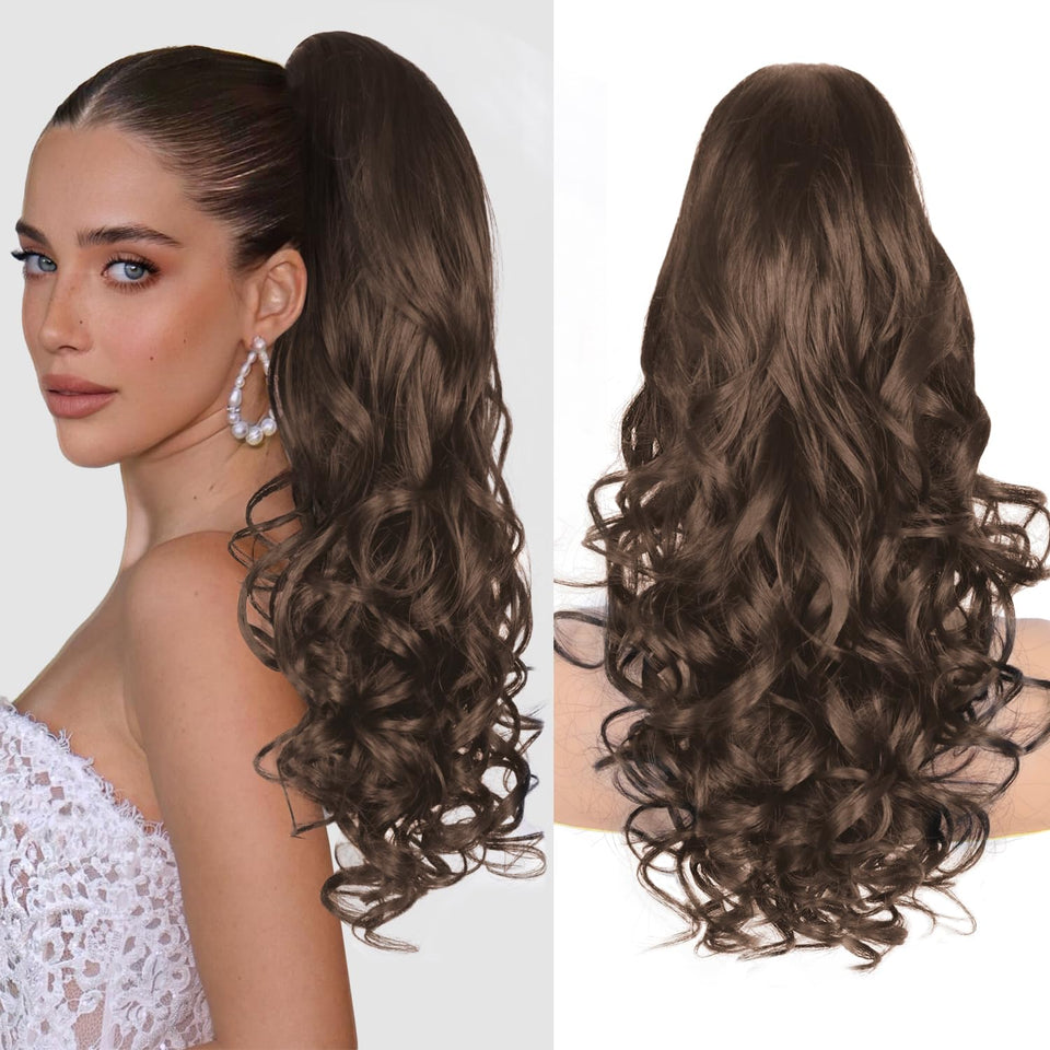 ZQIAN BEAUTY 24in ponytail extension in dark chocolate brown close-up adds instant volume.