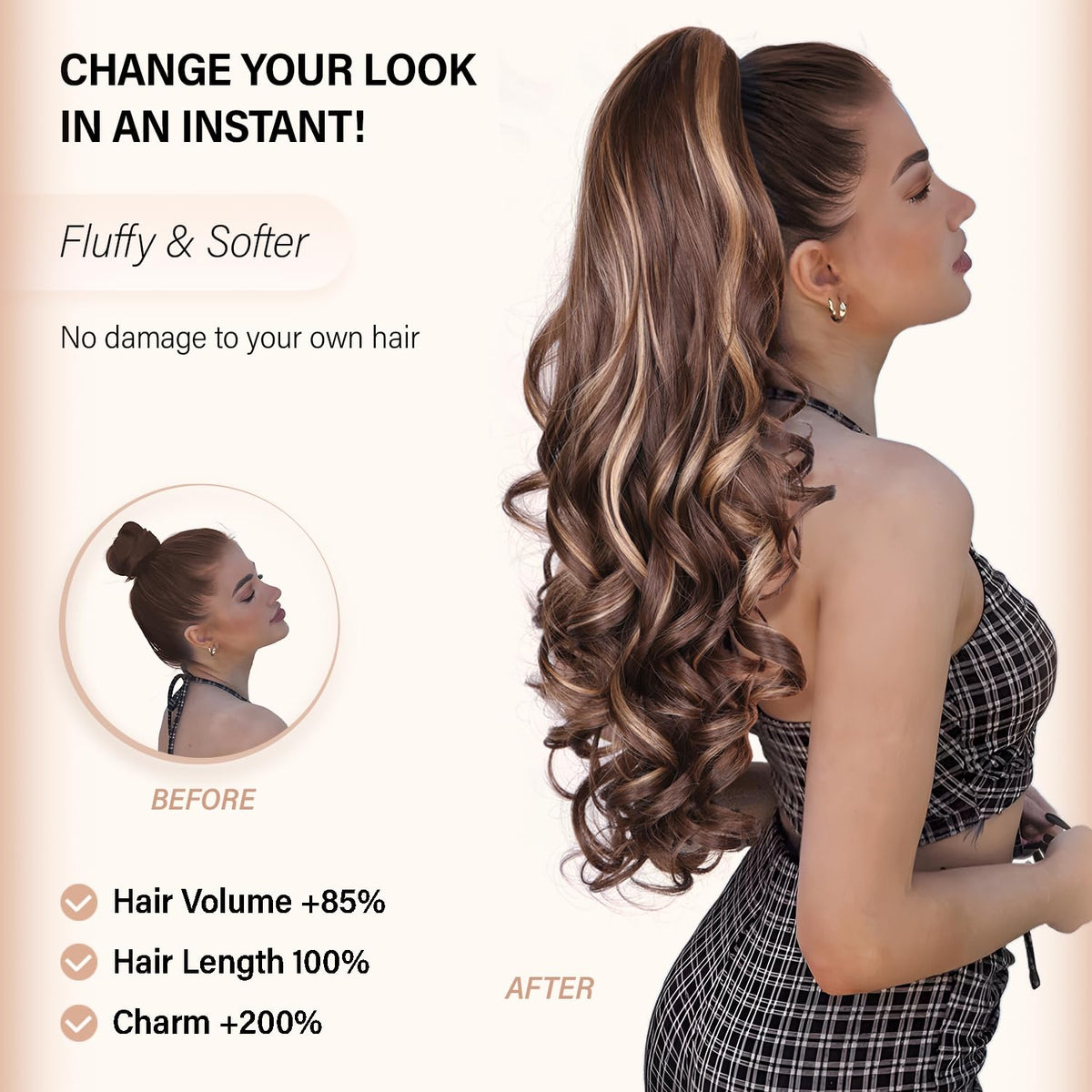 ZQIAN BEAUTY 24in ponytail in dark chocolate brown provides extra length and fullness.