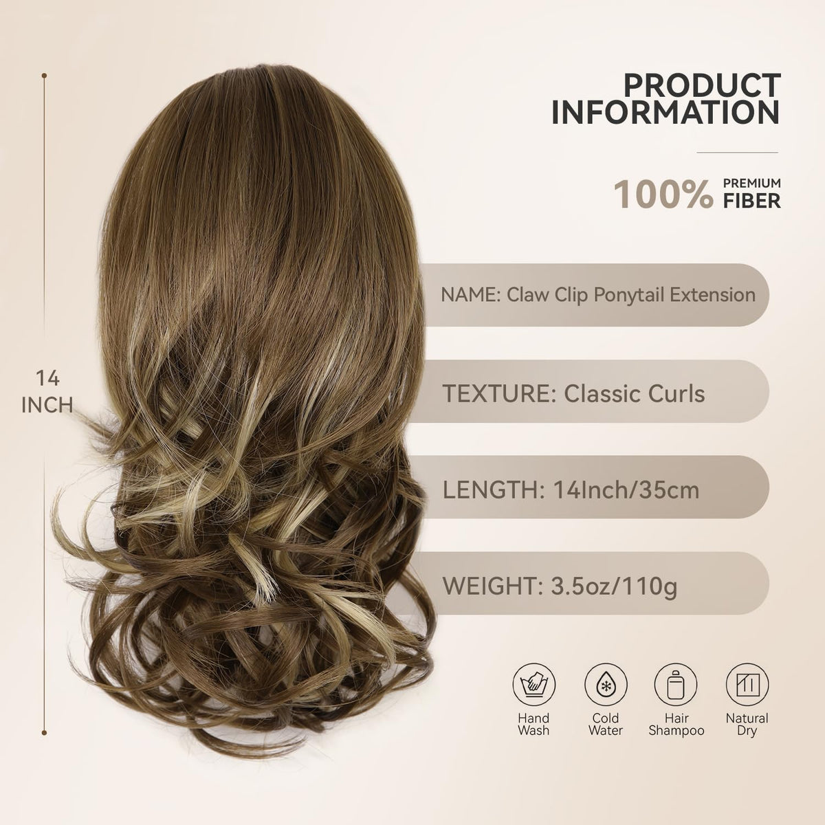 ZQIAN BEAUTY ash brown beige highlights wavy ponytail close-up shows natural texture
