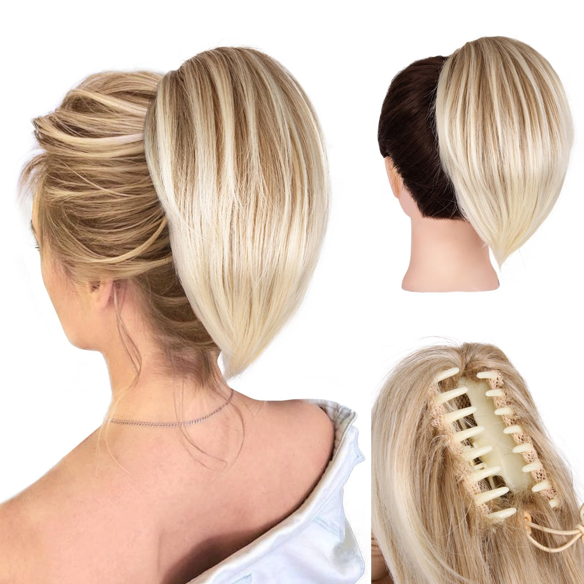 ZQIAN BEAUTY claw-clip ponytail extension in blonde adds instant volume.