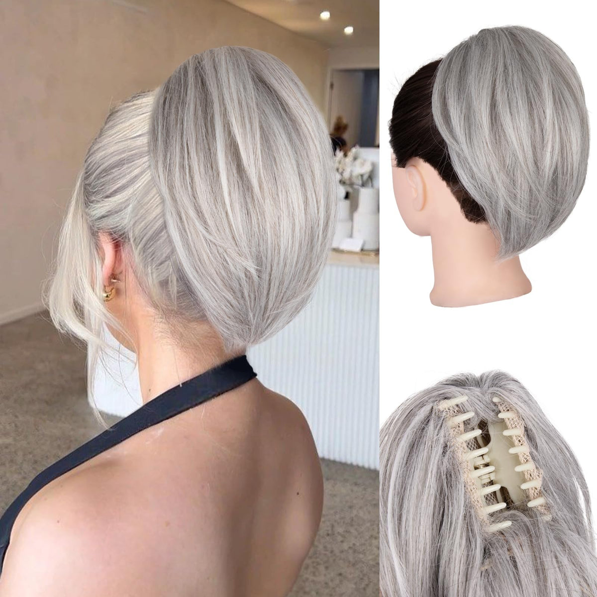 ZQIAN BEAUTY claw clip ponytail 10inch in silver grey for quick, secure styling.