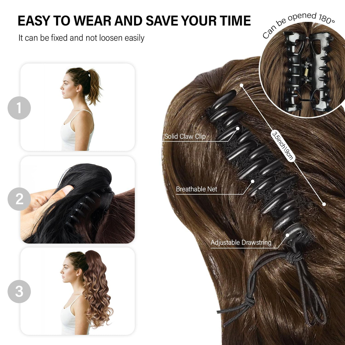 ZQIAN BEAUTY claw clip-in ponytail attachment demonstrates quick one-step hairstyle change.
