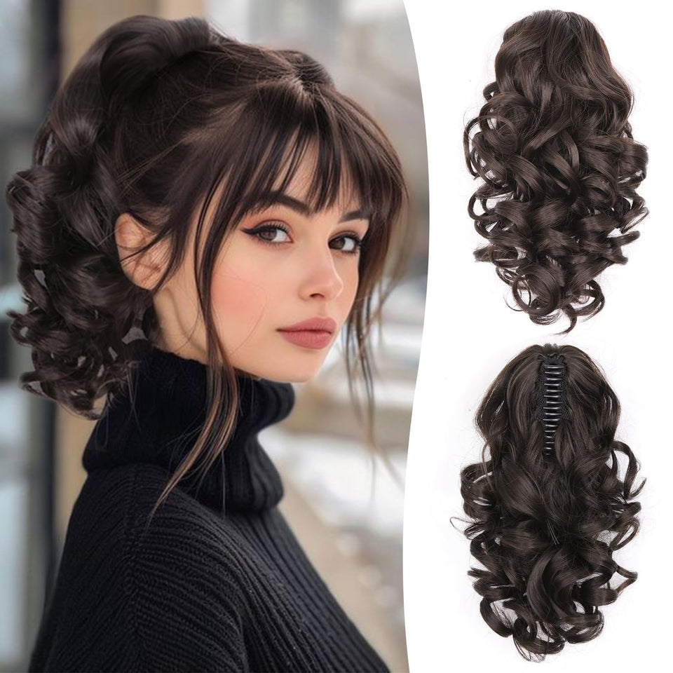 ZQIAN BEAUTY claw-clip ponytail in dark brown adds instant length and volume.
