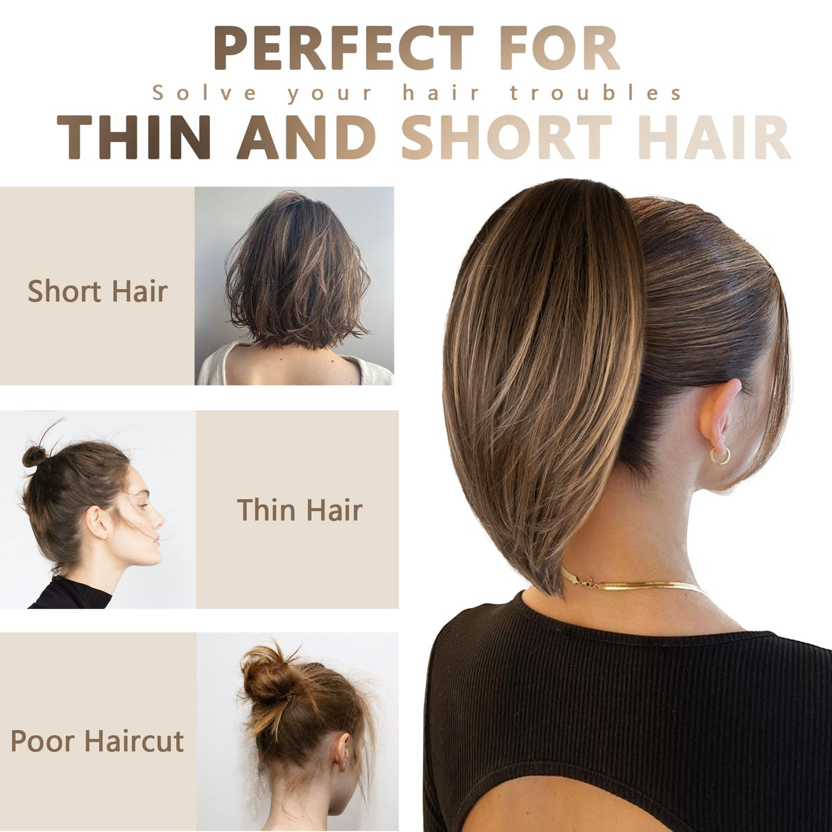 Clip-in ponytail close-up demonstrates easy one-step attachment.