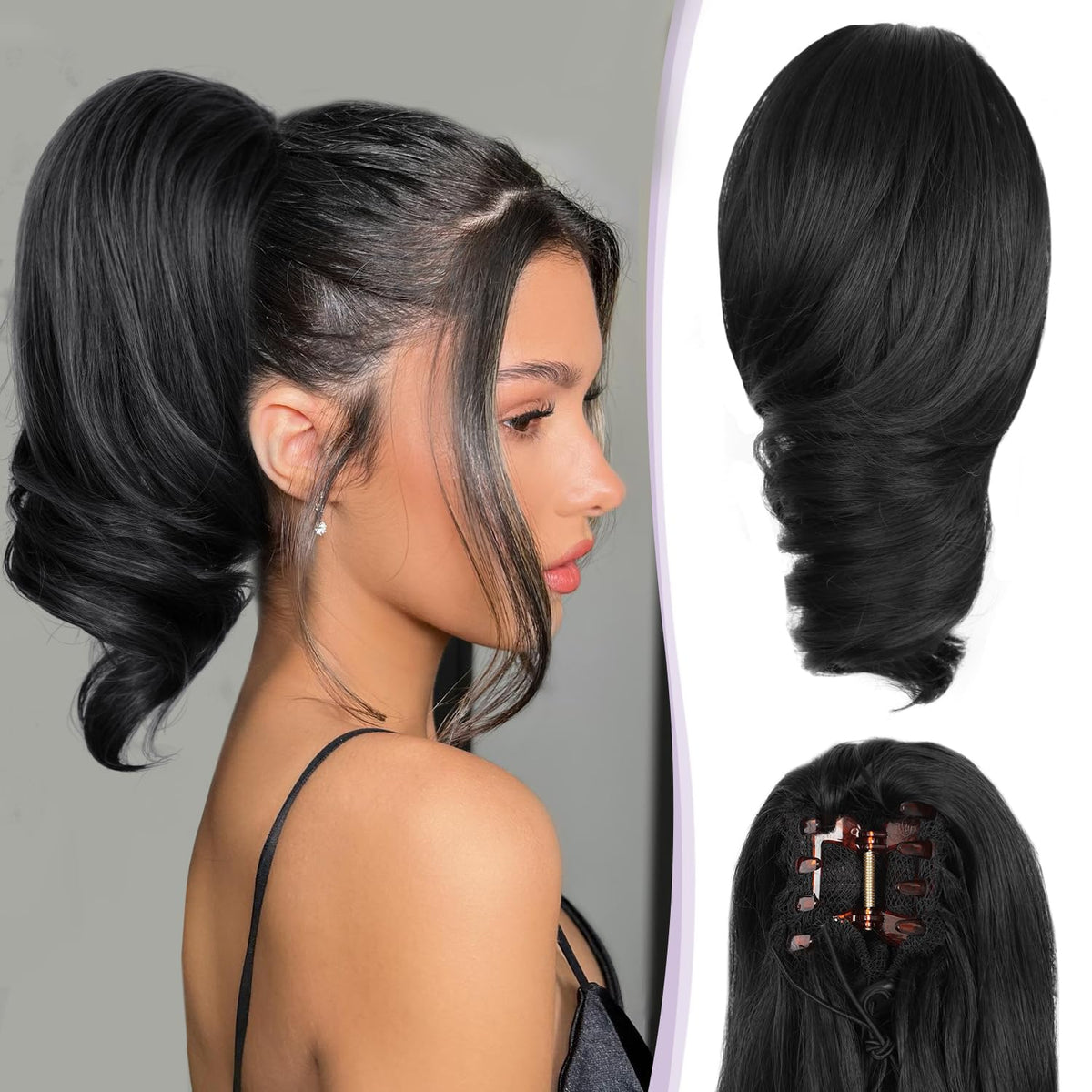 ZQIAN BEAUTY clip-on ponytail 12 inch curly black for quick volume and style