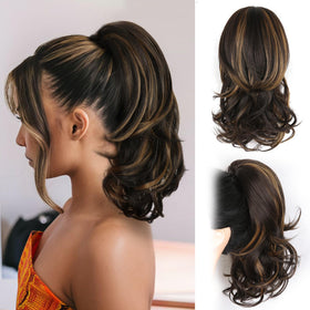ZQIAN BEAUTY clip-on ponytail with 14-inch curly texture and honey highlights for instant volume.