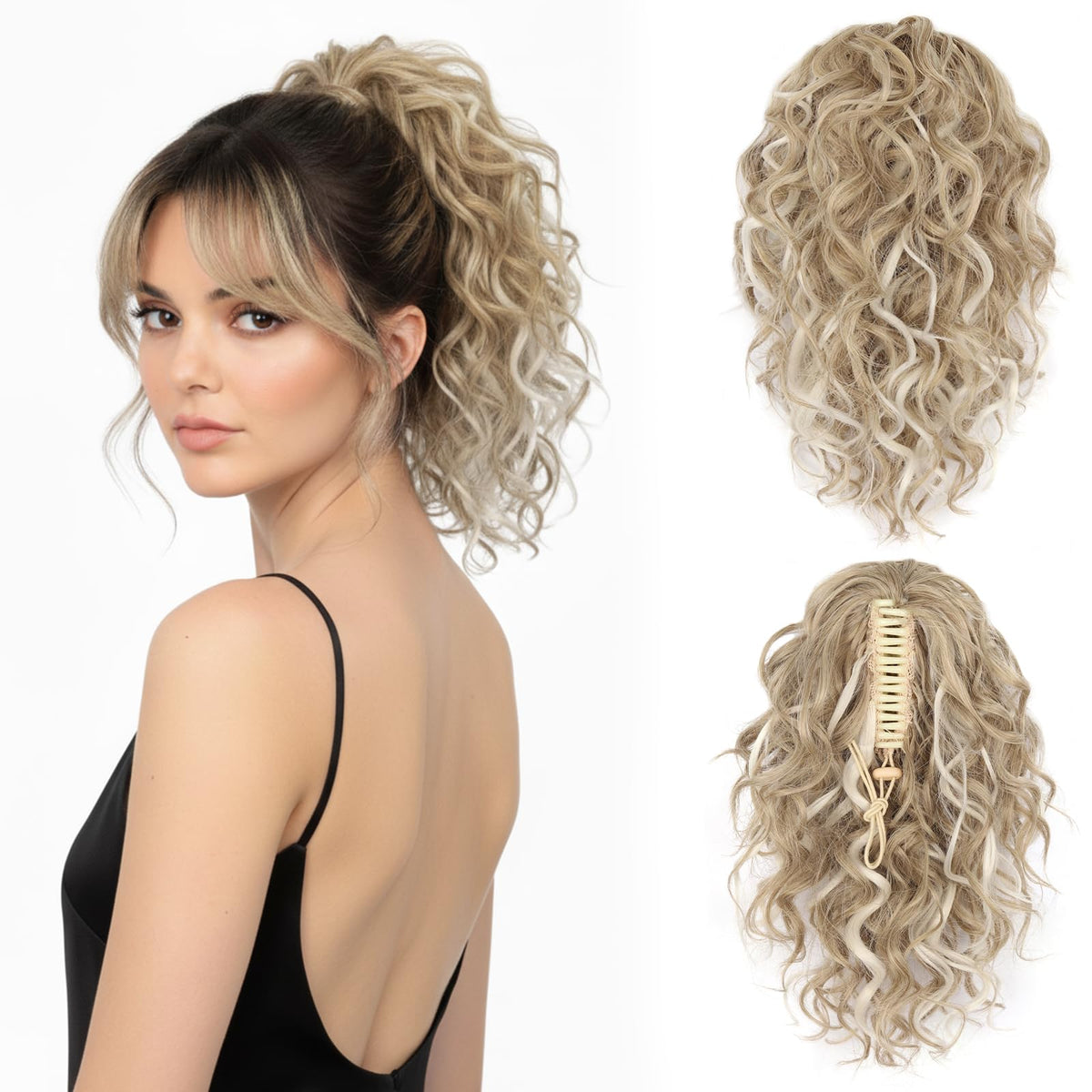 ZQIAN BEAUTY ash blonde clip-on ponytail with white highlights adds instant volume.