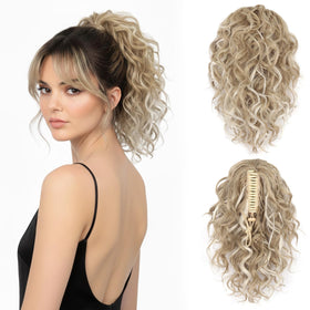 ZQIAN BEAUTY ash blonde clip-on ponytail with white highlights adds instant volume.