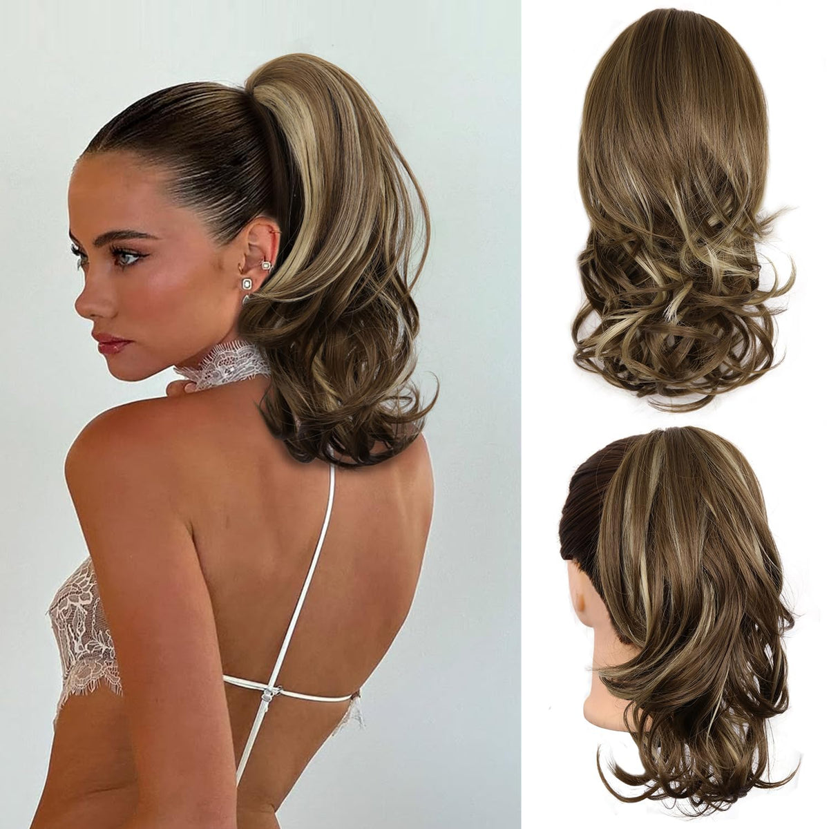 ZQIAN BEAUTY clip-on ponytail in ash brown with beige highlights adds instant fullness