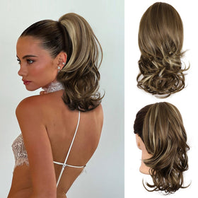 ZQIAN BEAUTY clip-on ponytail in ash brown with beige highlights adds instant fullness