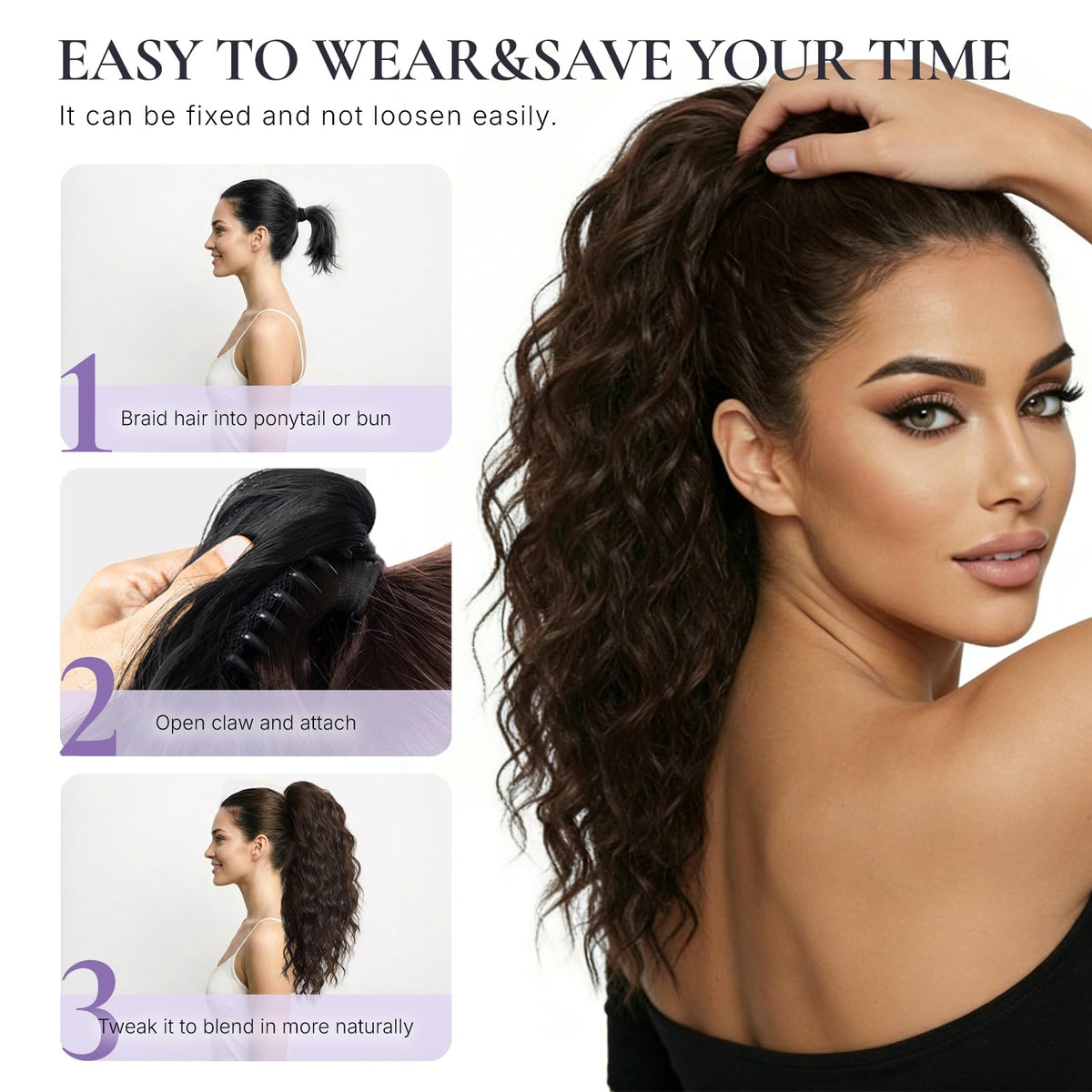 ZQIAN BEAUTY chocolate brown clip-on ponytail for natural blend.