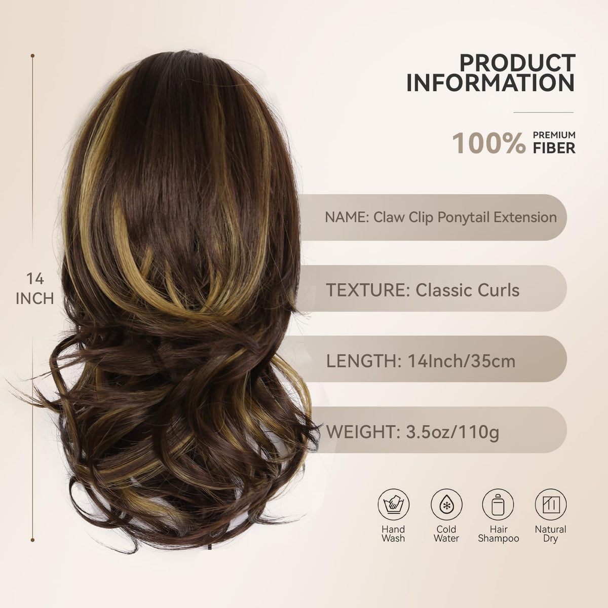 ZQIAN BEAUTY ponytail extension in brown with blonde highlights for natural highlights.