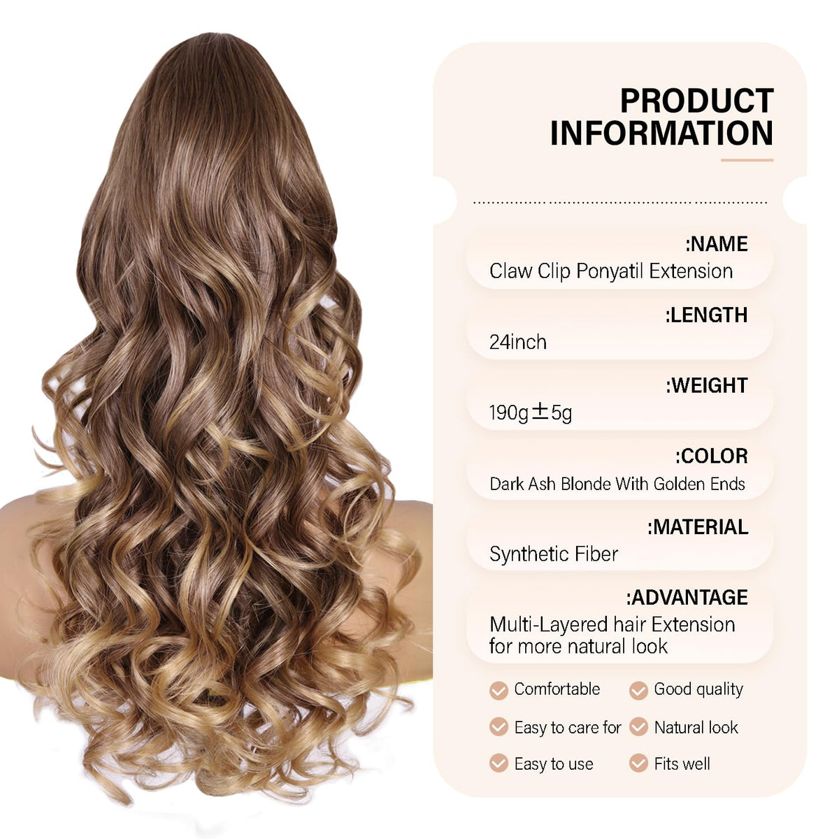 ZQIAN BEAUTY clip-in ponytail on model demonstrates instant look.
