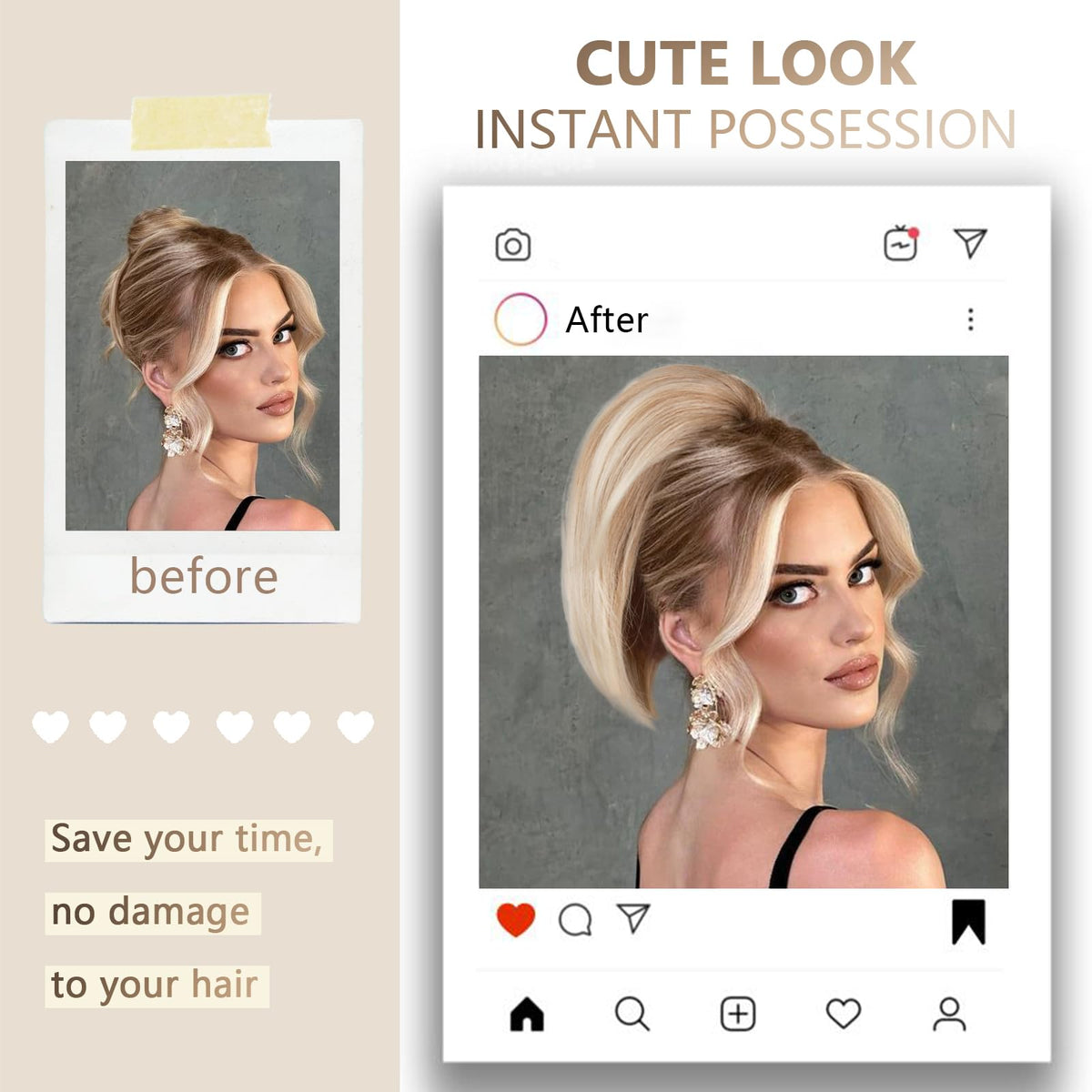 Soft synthetic hair ponytail close-up shows natural shine and thickness.