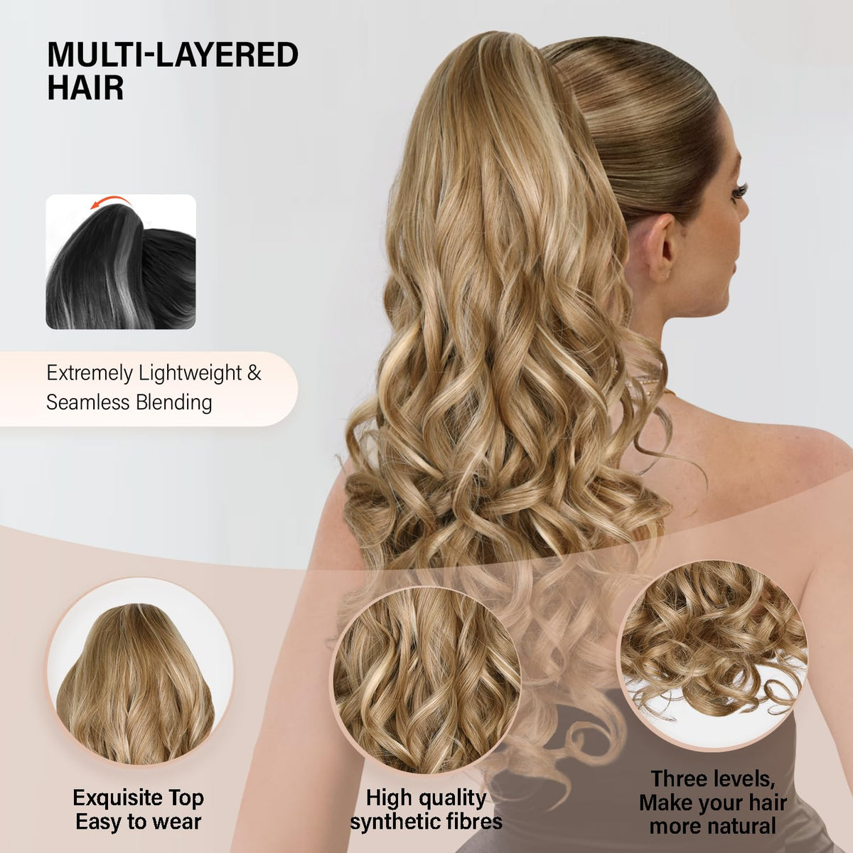 ZQIAN BEAUTY synthetic layered extension blends with dark blonde highlights.