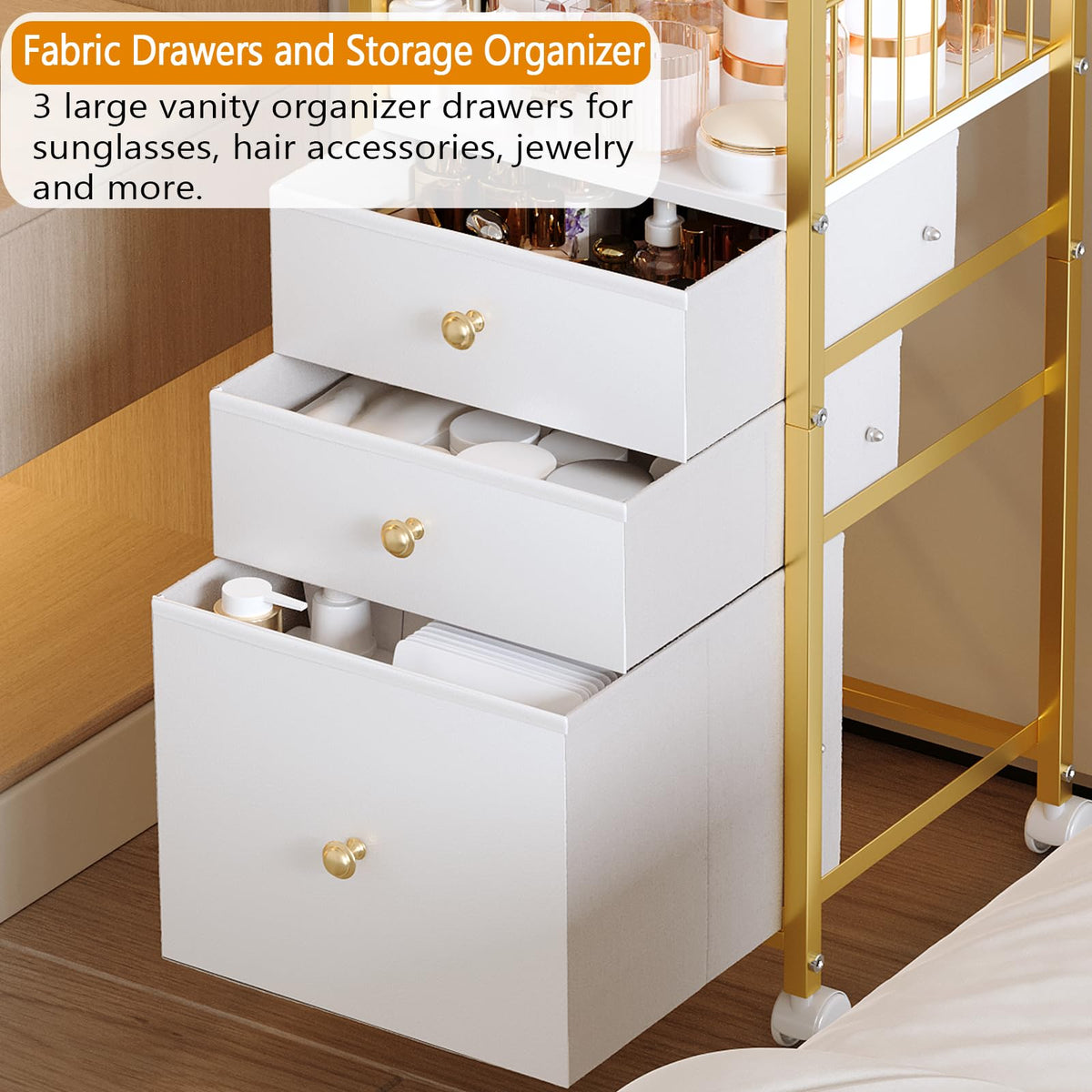 ZQUYAJ vanity cart middle shelf holds full-size cleansers and lotions.