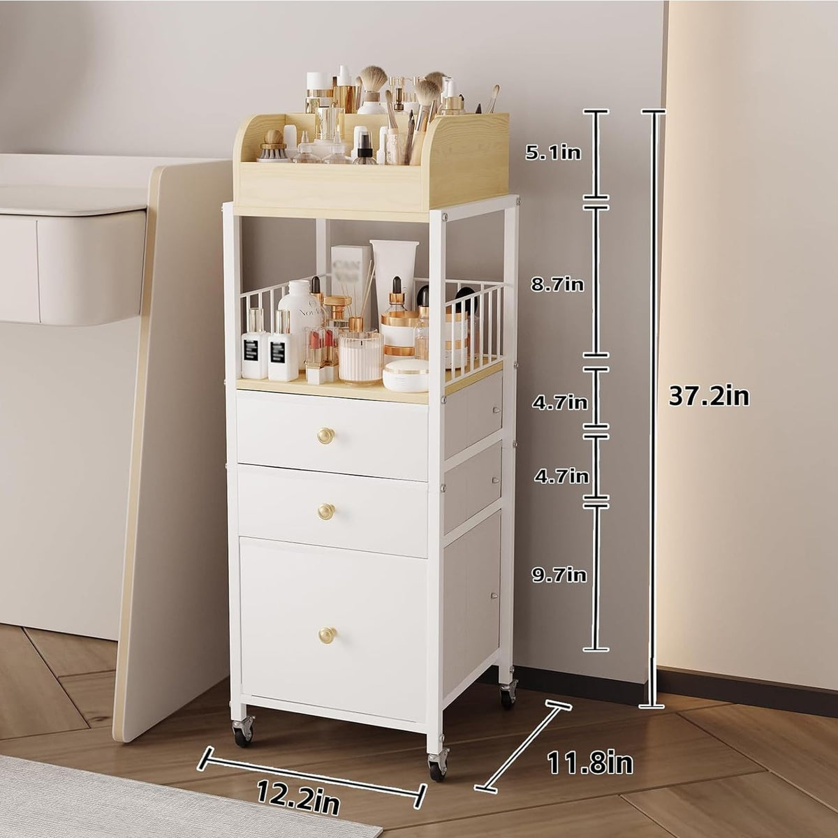 ZQUYAJ makeup organizer cart with open drawers shows skincare and accessory organization