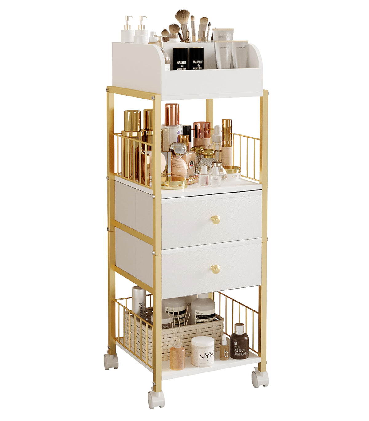 ZQUYAJ makeup organizer cart front view with organized drawers in gold