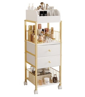 ZQUYAJ makeup organizer cart front view with organized drawers in gold