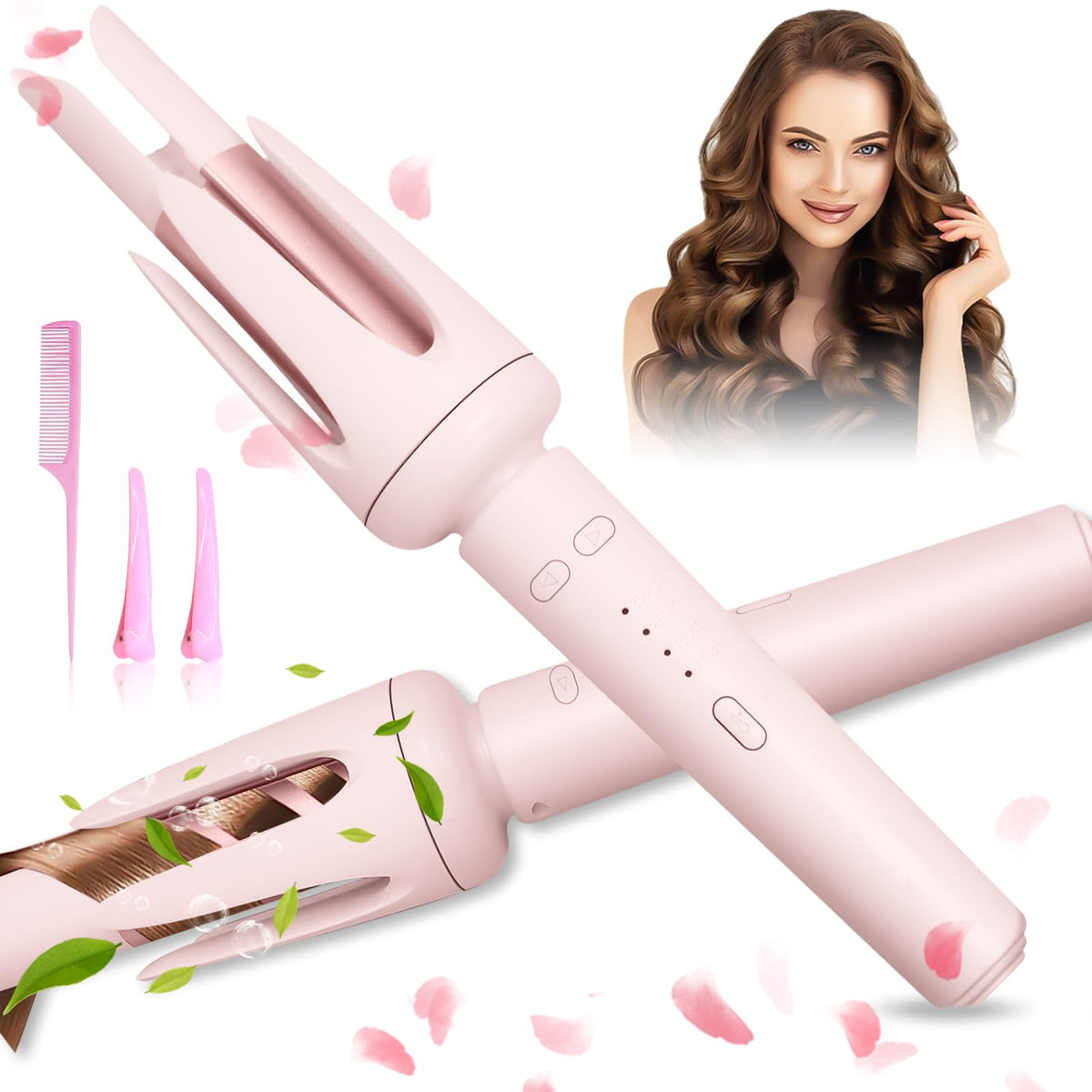 ZQZMZGS Auto Hair Curler pink finish creates long-lasting curls with a single press.