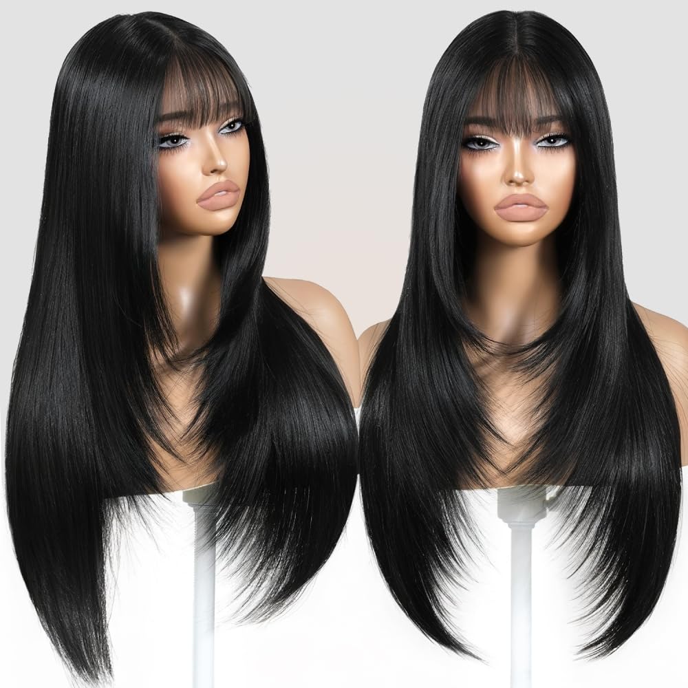 ZRLK black wig with bangs front view shows natural layered waves for everyday style