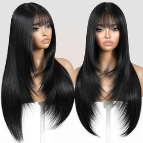 ZRLK black wig with bangs front view shows natural layered waves for everyday style