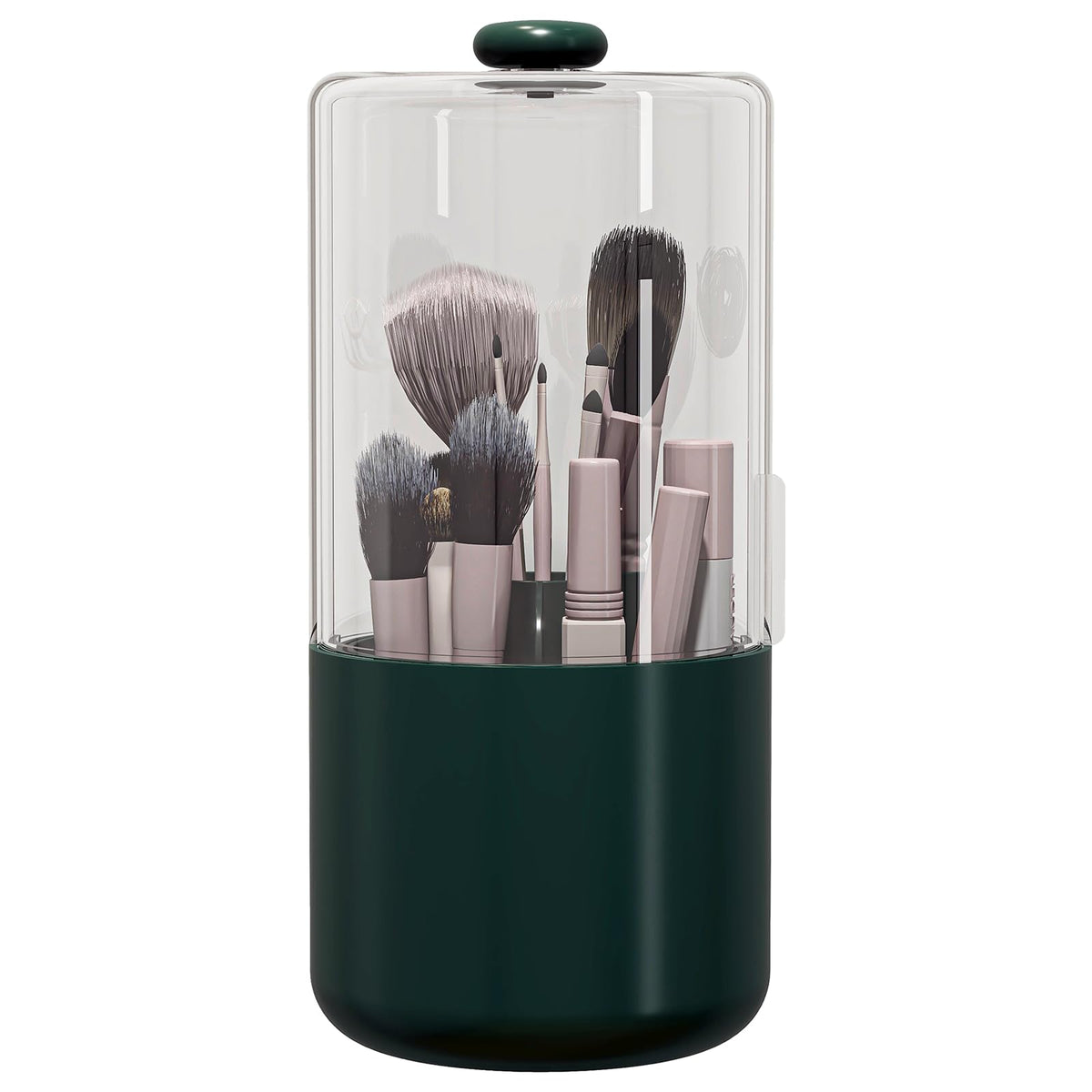 Zufudo makeup brush holder with dustproof cover on vanity keeps brushes clean.