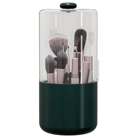 Zufudo makeup brush holder with dustproof cover on vanity keeps brushes clean.