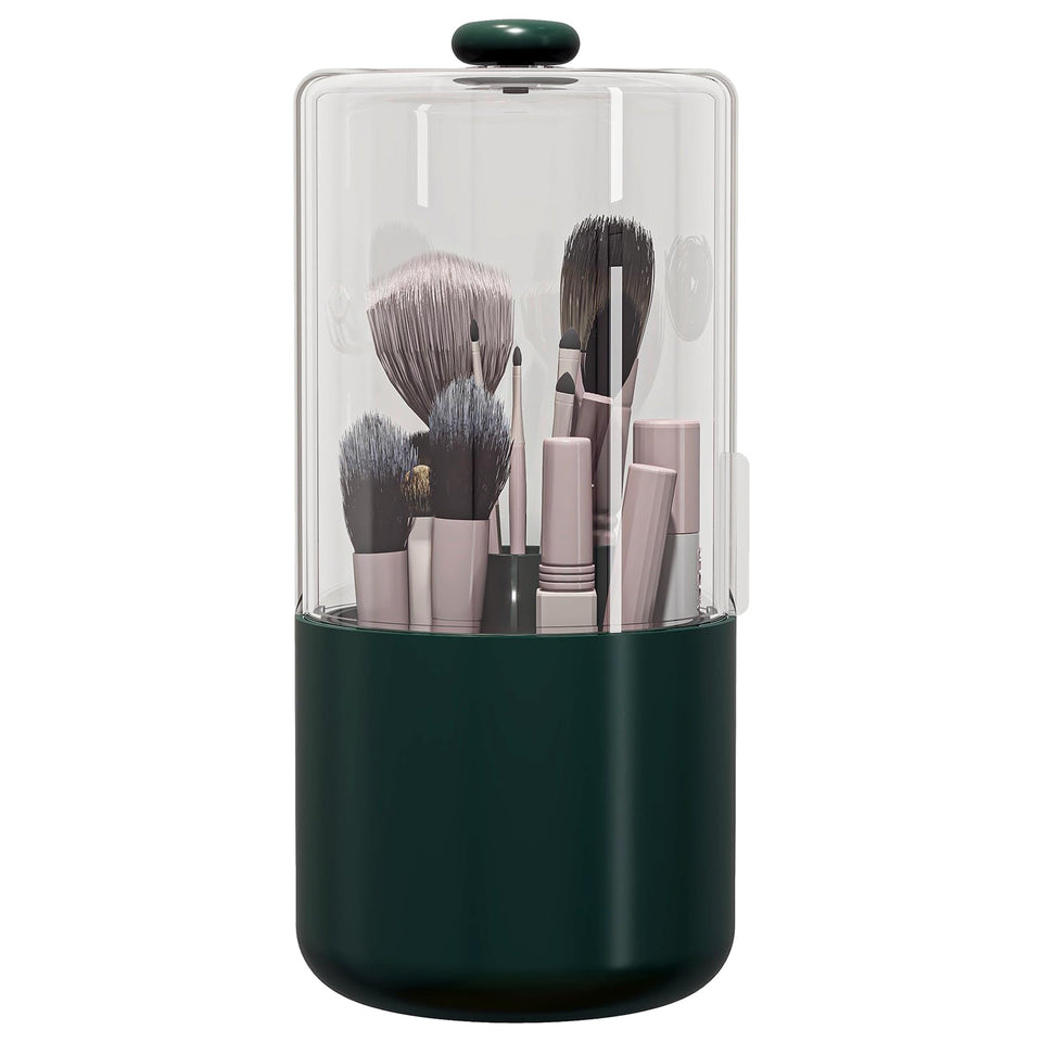 Zufudo makeup brush holder with dustproof cover on vanity keeps brushes clean.