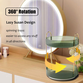 Zufudo rotating makeup organizer side view showing sturdy dual-tier storage