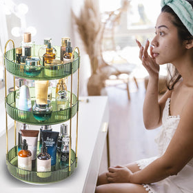 Zufudo rotating makeup organizer easy-clean waterproof trays support bathroom-ready use.