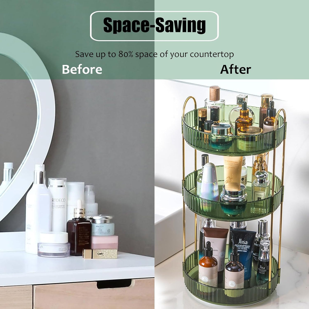 Zufudo rotating makeup organizer green gold color adds stylish touch to bathroom decor.