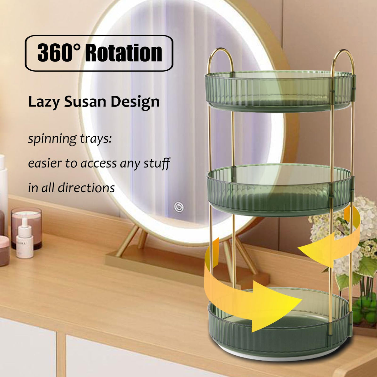 Zufudo rotating makeup organizer open trays show neatly organized cosmetics for quick selection.