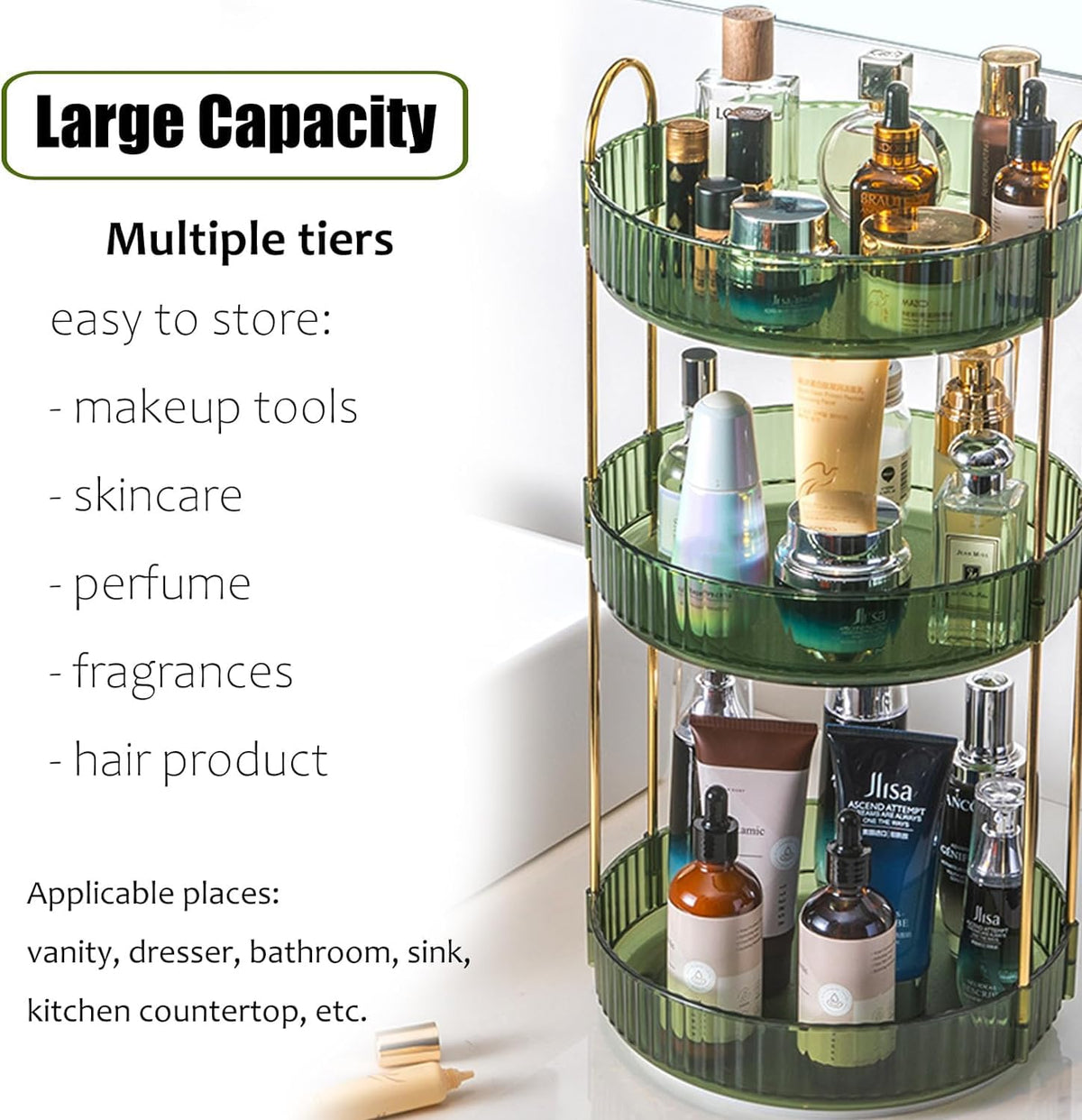 Zufudo rotating makeup organizer top-down view highlights multi-tier storage for skincare and fragrance.
