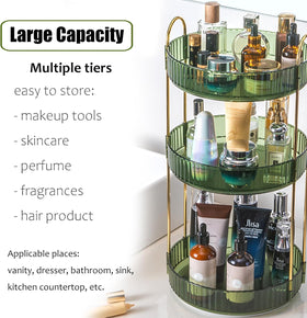 Zufudo rotating makeup organizer top-down view highlights multi-tier storage for skincare and fragrance.
