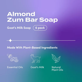 Zum Indigo Wild Goat's Milk Soap Bar Almond packaging highlights cruelty-free sourcing.