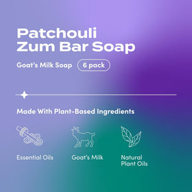Zum Indigo Wild Patchouli goat's milk soap on shelf emphasizes natural ingredients.