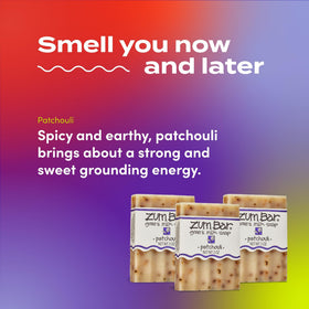 Hand holds Zum Indigo Wild Patchouli soap, travel-friendly cleansing.