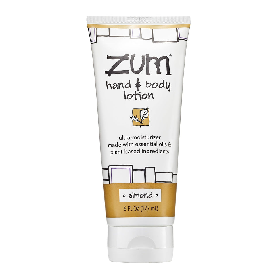 Zum Indigo Wild Hand & Body Lotion almond scent pump bottle for quick hydration.