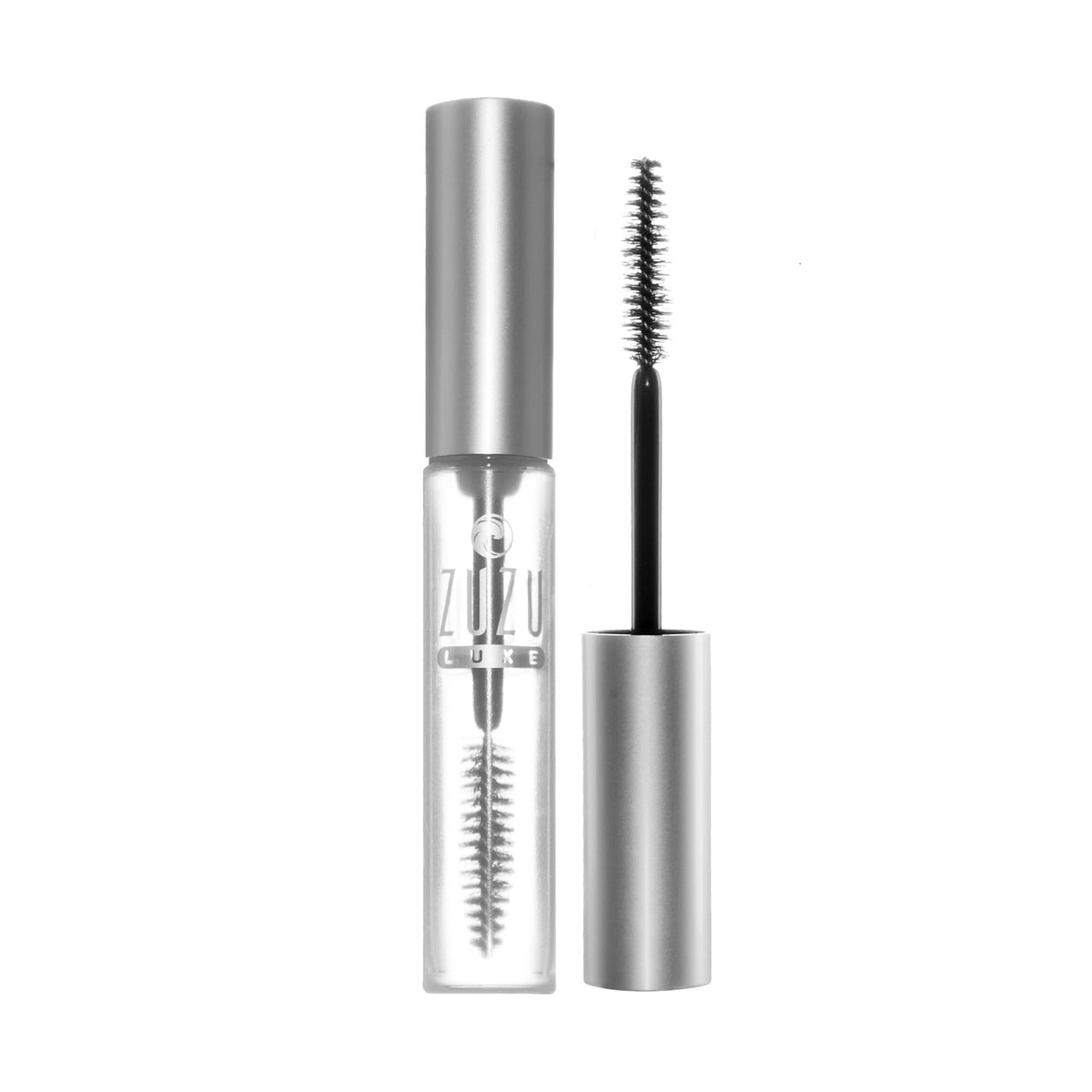 Zuzu Luxe Clear Mascara bottle close-up showing a clean finish for brows and lashes.