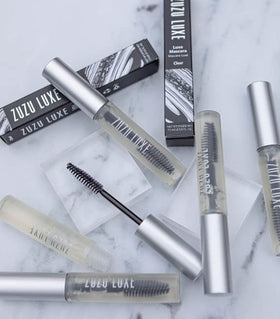 Zuzu Luxe Clear Mascara packaging displaying vegan, cruelty-free branding.