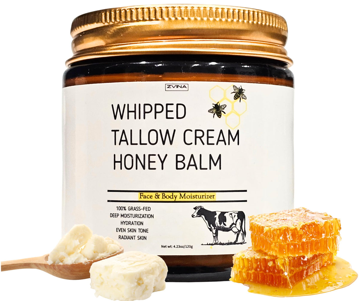 ZVINA Beef Tallow jar closeup showing pure grass-fed ingredients for deep hydration.